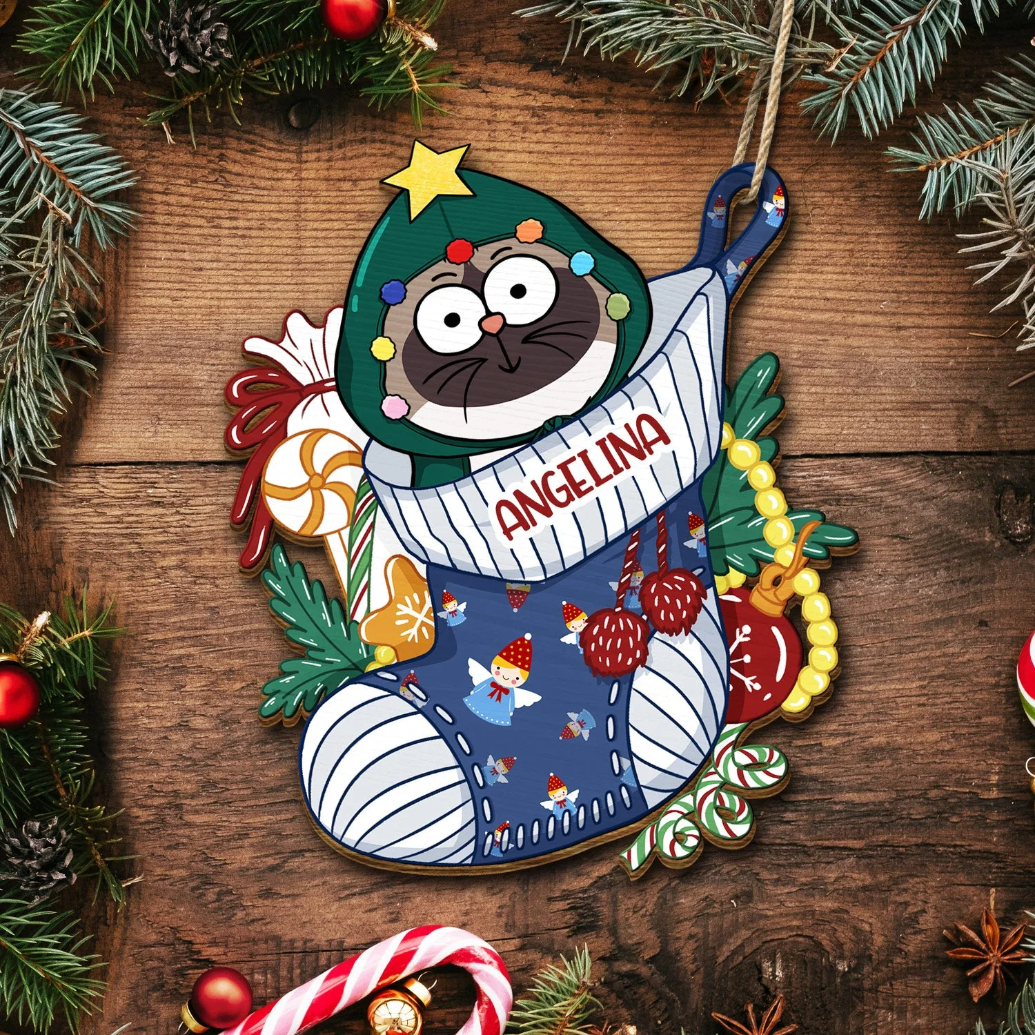 Cats In Stocking Xmas Pattern - Christmas Gift For Cat Lovers - Personalized Wooden Cutout Ornament - Image 5