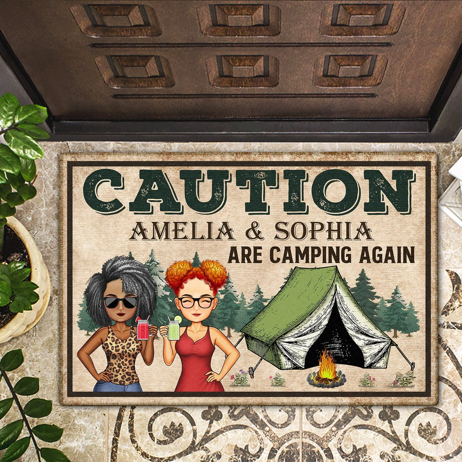 Caution Family Camping Again Camping Traveling - Vacation, Anniversary, Birthday Gift For Couples, Spouse, Husband, Wife - Personalized Custom Doormat - Image 2