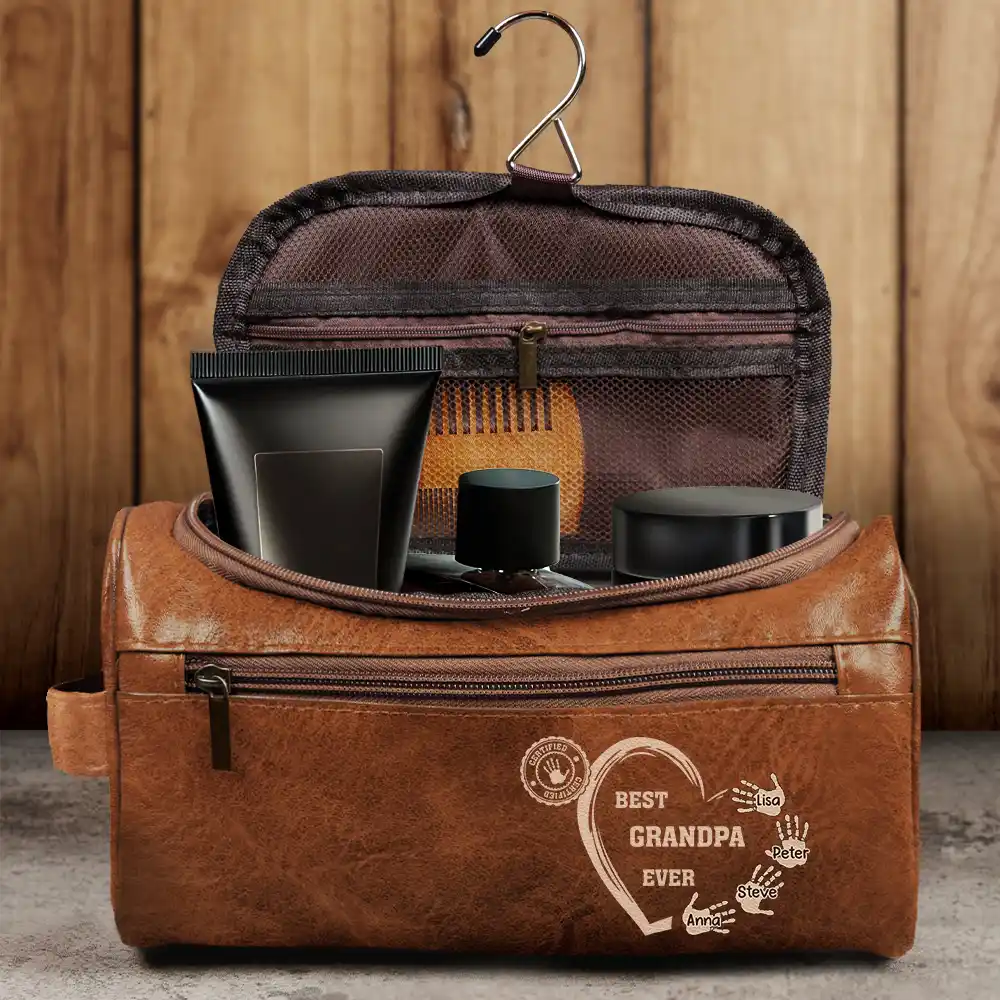 Certified Best Grandpa Dad Ever - Personalized Leather Toiletry Bag - Image 4