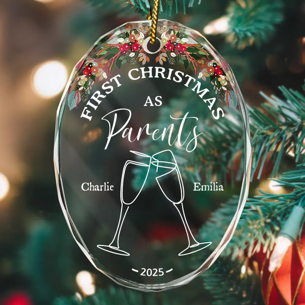Champagne Cheer First Christmas Couple - Personalized Oval Glass Ornament - Image 2