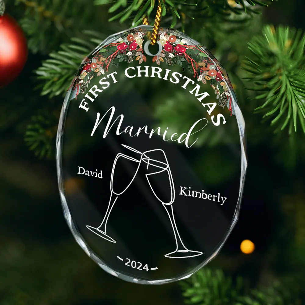 Champagne Cheer First Christmas Couple - Personalized Oval Glass Ornament - Image 4