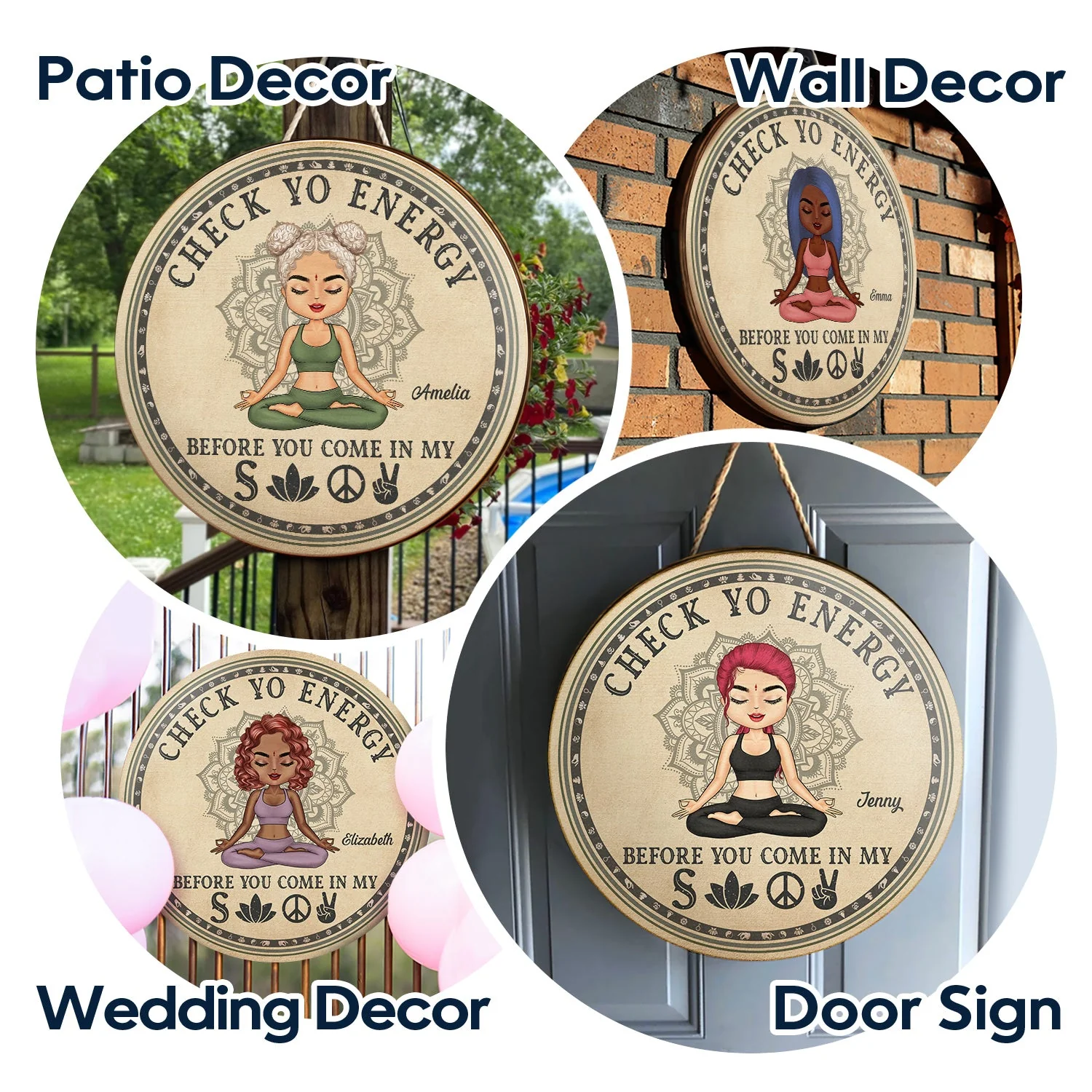 Check Yo Energy Before You Come In - Home Decor, Gift For Yoga Lovers - Personalized Wood Circle Sign - Image 4