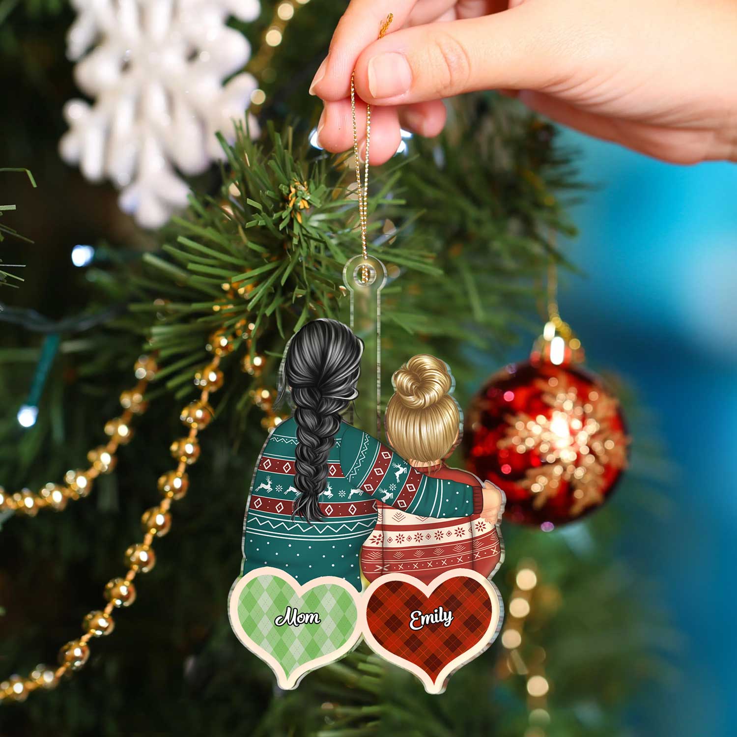 Checkered Pattern Hearts - Christmas Gift For Mom, Grandma, Daughter, Son, Grandkid - Personalized Cutout Acrylic Ornament - Image 4