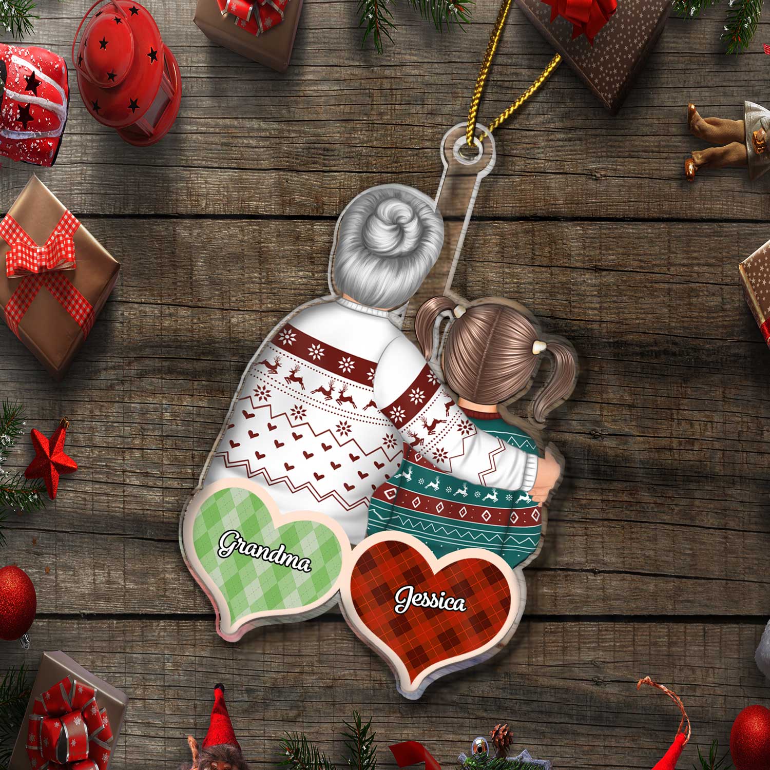 Checkered Pattern Hearts - Christmas Gift For Mom, Grandma, Daughter, Son, Grandkid - Personalized Cutout Acrylic Ornament - Image 6