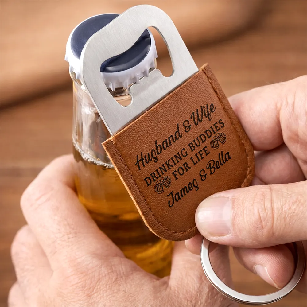 Cheers To Our Anniversary - Personalized Leather Bottle Opener Keychain - Image 3