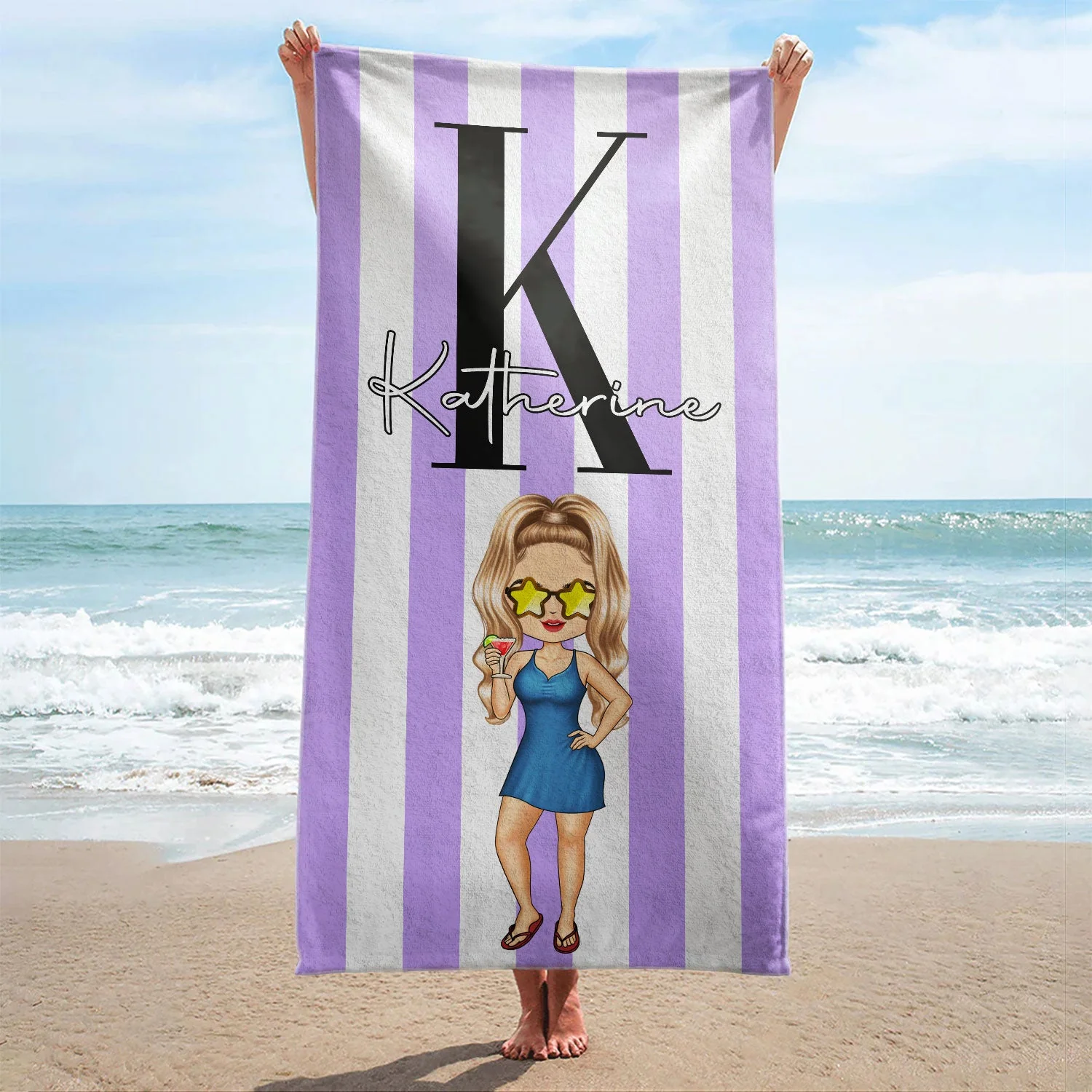 Chibi Alphabet Traveling Beach Poolside Swimming Picnic Vacation Corner - Birthday, Funny Gift For Her, Him, Besties, Family - Personalized Beach Towel - Image 2