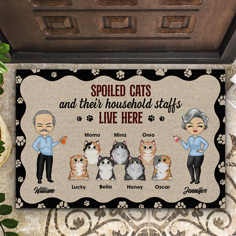 Chibi Couple  And Spoiled Cats Live Here - Cat Lover Gift - Personalized Custom Doormat - Image 2