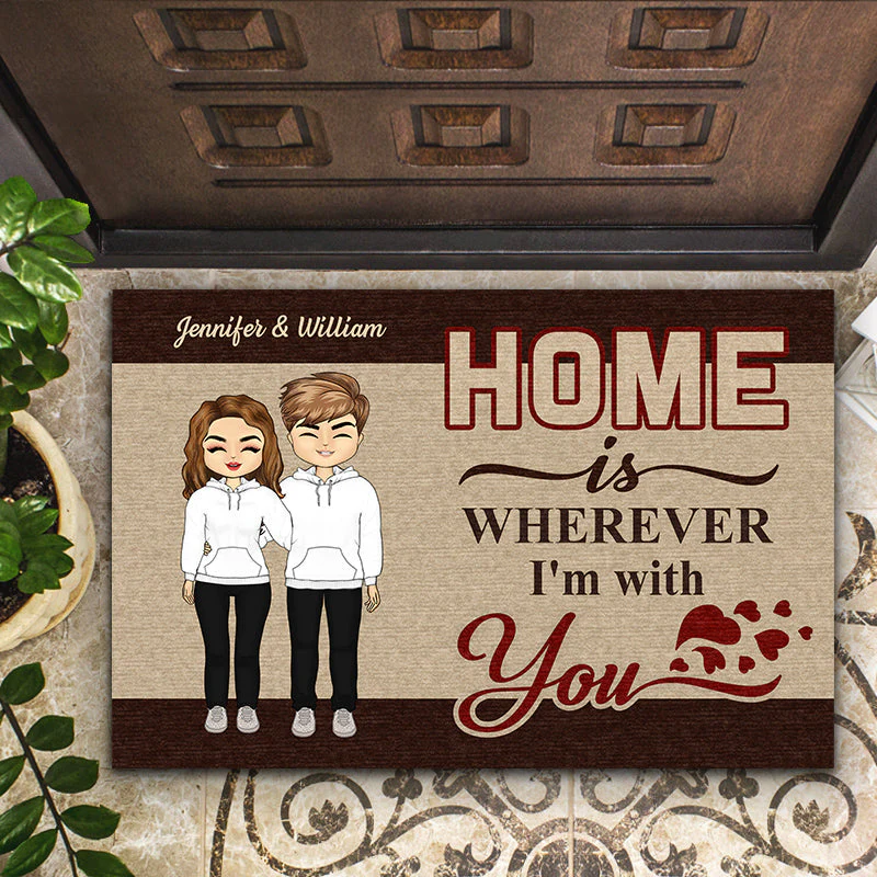 Chibi Couple Wherever I'm With You - Couple Gift - Personalized Custom Doormat - Image 2