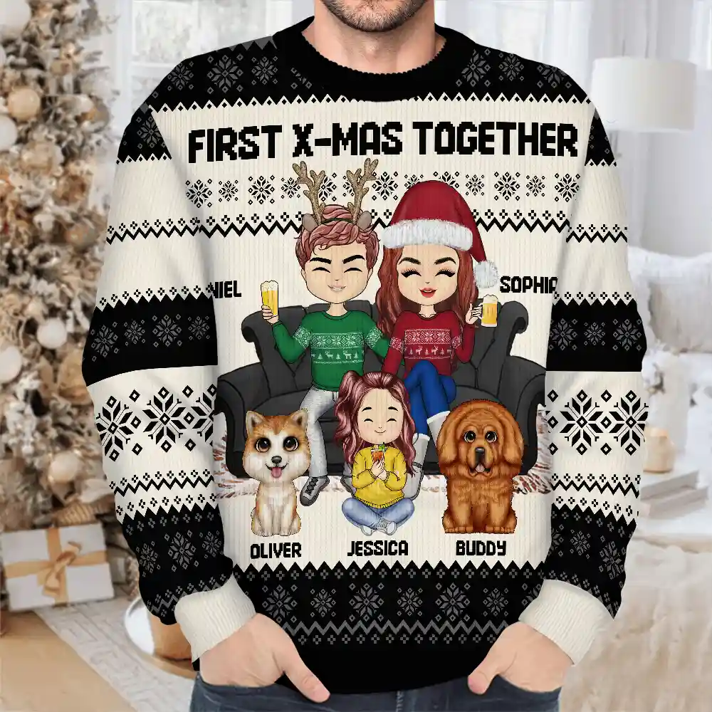 Chibi Couple With Kids And Pets - Personalized Unisex Ugly Sweater - Image 4