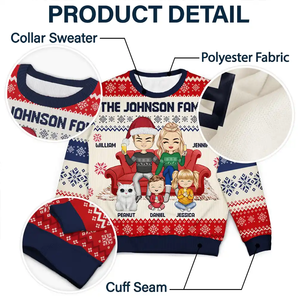 Chibi Couple With Kids And Pets - Personalized Unisex Ugly Sweater - Image 6