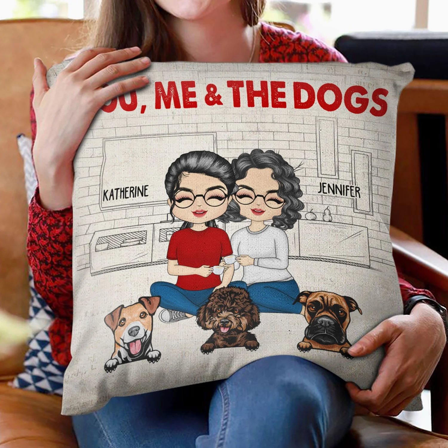 Chibi Couple With The Fur Babies - Gift For Dog & Cat Lovers - Personalized Custom Pillow - Image 2