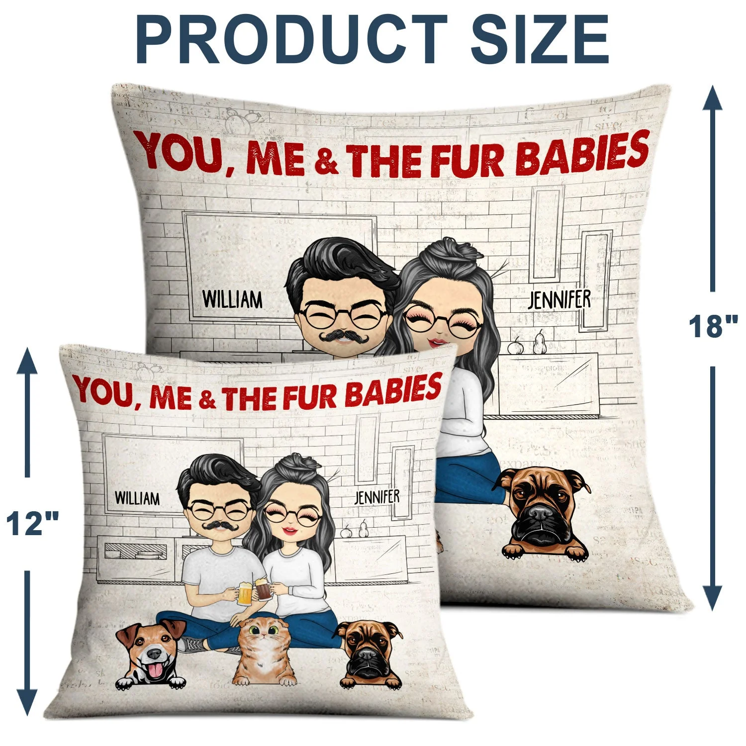 Chibi Couple With The Fur Babies - Gift For Dog & Cat Lovers - Personalized Custom Pillow - Image 4