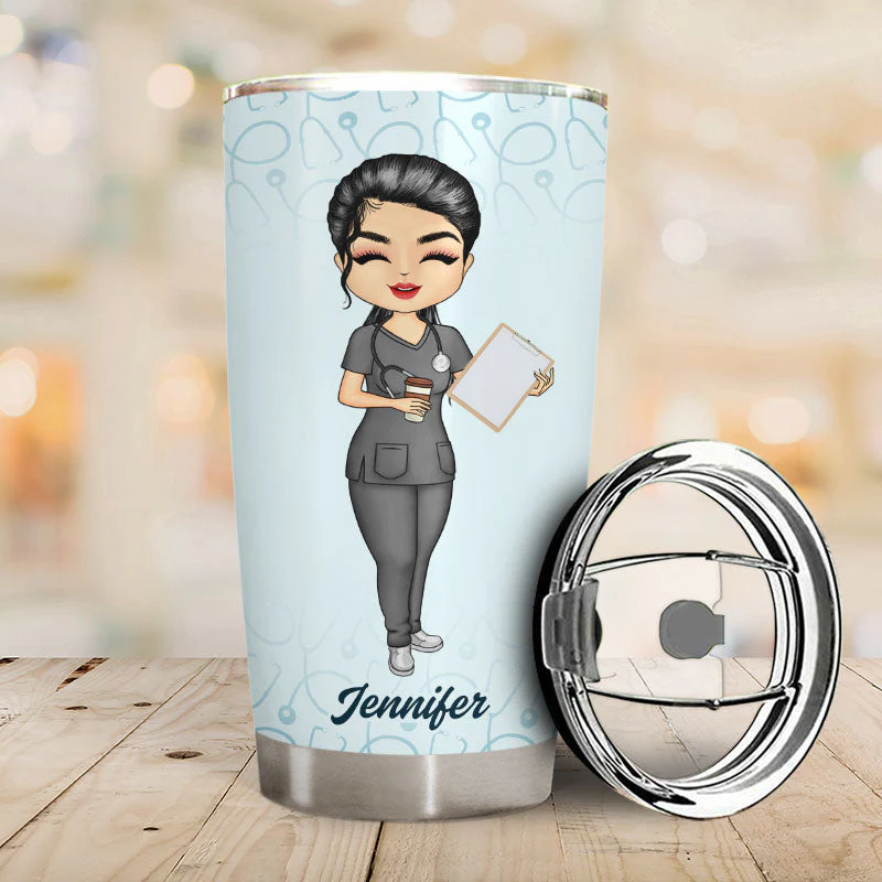 Chibi Girl Coffee Scrubs And Rubber Gloves - Gift For Nurse - Personalized Custom Tumbler - Image 2