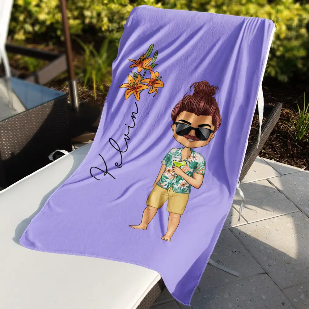 Chibi Girl With Birth Flower - Personalized Beach Towel - Image 3
