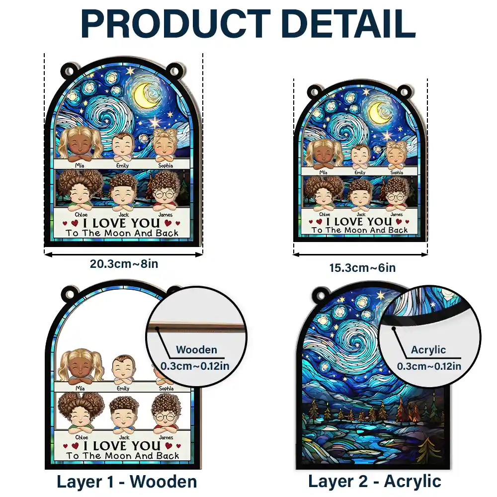Chibi Grandkids Love You To The Moon And Back - Personalized Window Hanging Suncatcher Ornament - Image 5