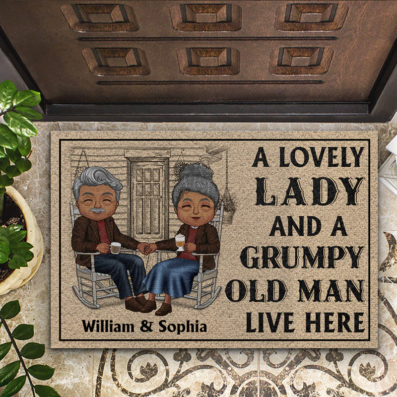 Chibi Old Couple A Lovely Lady And A Grumpy Old Man Live Here - Couple Gift - Personalized Custom Doormat - Image 2