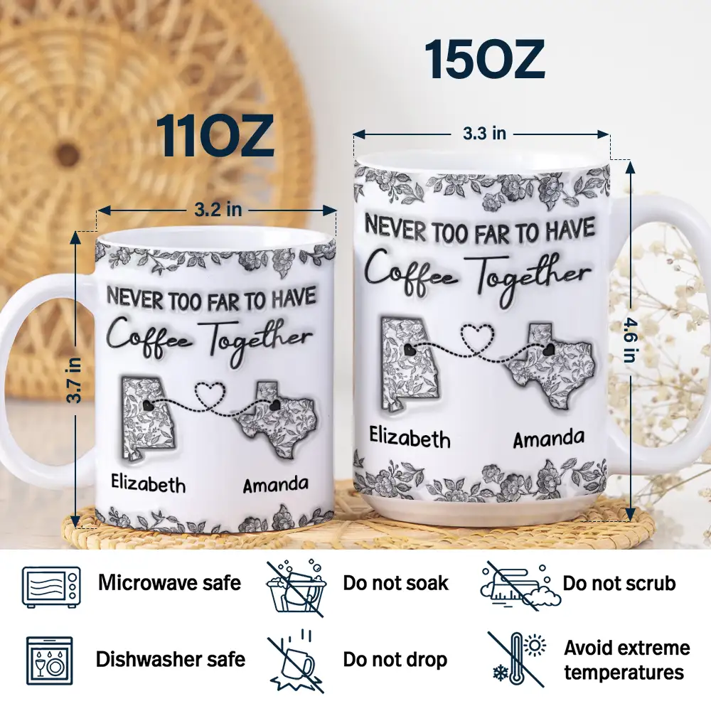 Chinoiserie Toile 3D Inflated Effect Never Too Far To Have Coffee Together - Personalized White Edge-to-Edge Mug - Image 5