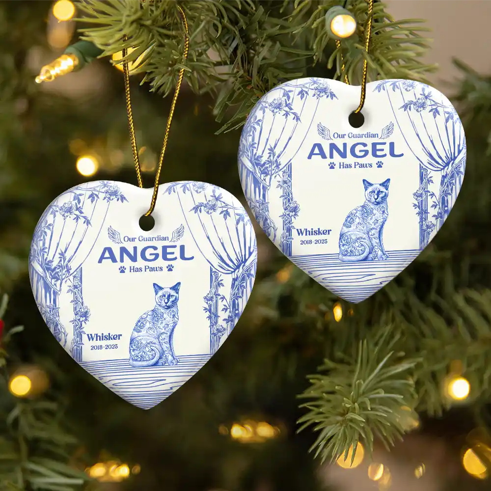 Chinoiserie Toile Cat Sitting On The Windowsill - Personalized Heart Ceramic Ornament - Image 2
