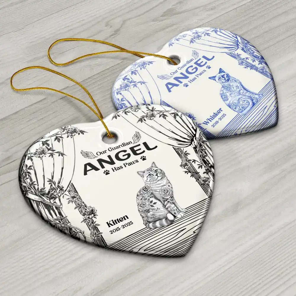 Chinoiserie Toile Cat Sitting On The Windowsill - Personalized Heart Ceramic Ornament - Image 6