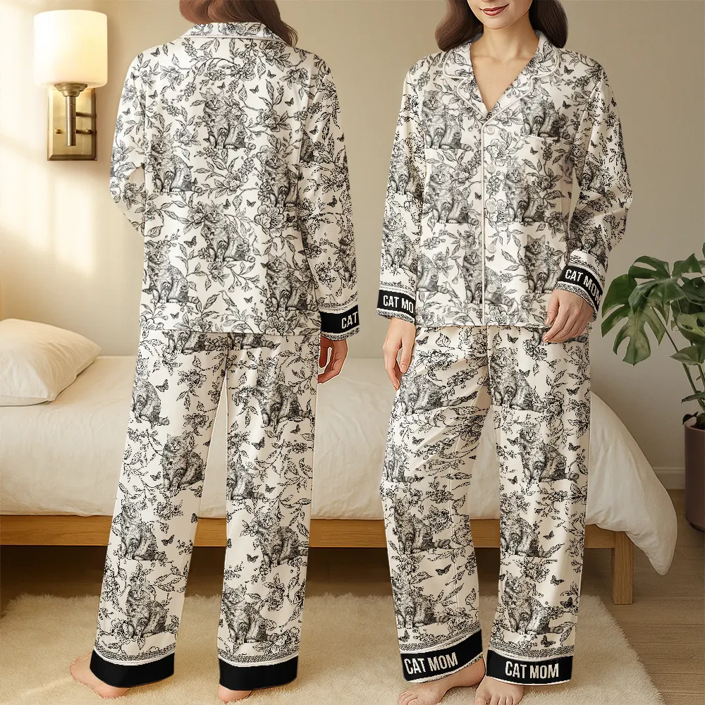 Chinoiserie Toile Dog Mom Cat Mom - Personalized Satin Pajama Set - Image 3