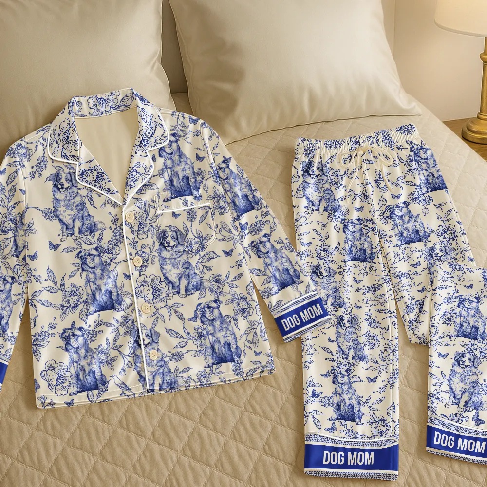 Chinoiserie Toile Dog Mom Cat Mom - Personalized Satin Pajama Set - Image 5