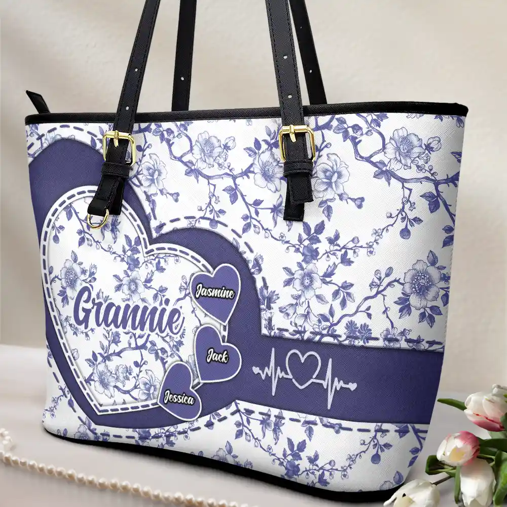 Chinoiserie Toile Grandma Mom - Personalized Leather Tote Bag - Image 2
