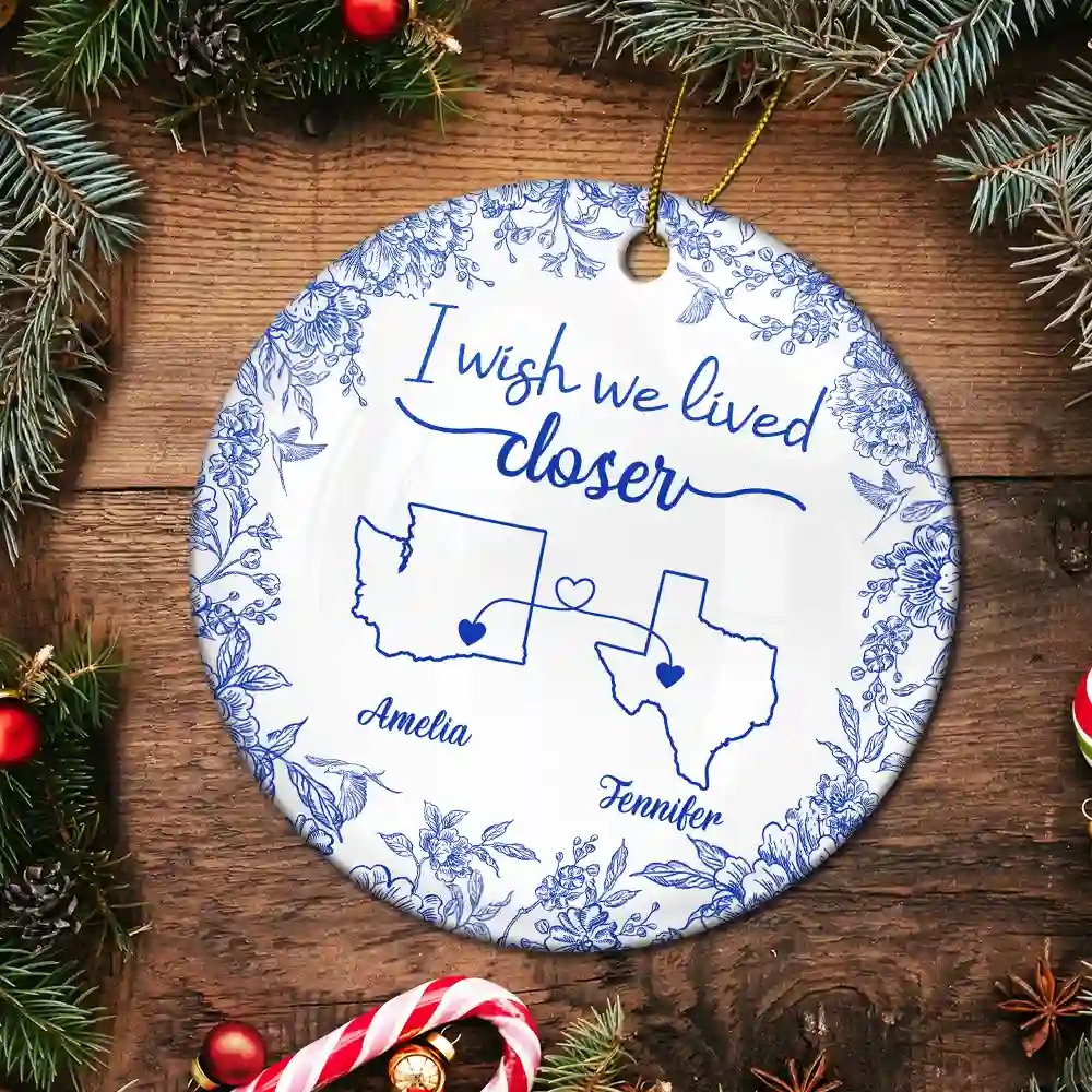 Chinoiserie Toile I Wish We Lived Closer - Personalized Circle Ceramic Ornament - Image 5
