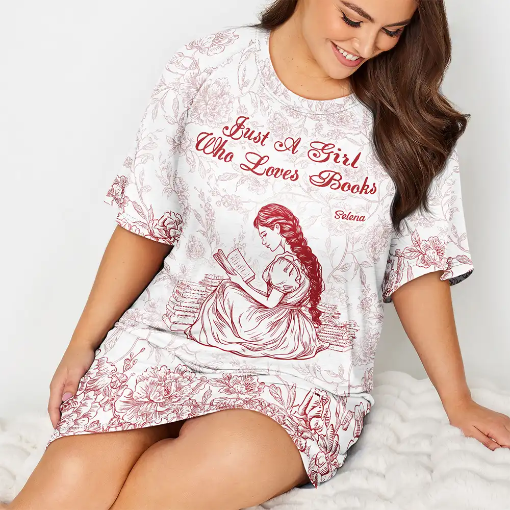 Chinoiserie Toile Just A Girl Who Loves Books - Personalized Women's Sleep Tee - Image 4