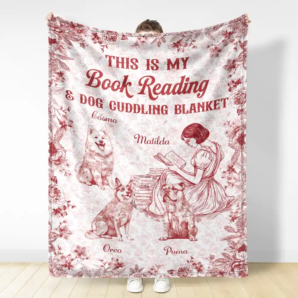 Chinoiserie Toile My Book Reading And Dog Cuddling - Personalized Fleece Blanket, Sherpa Blanket - Image 3
