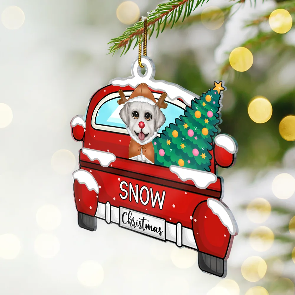 Chirstmas Dog Cat With Red Truck - Personalized Cutout Acrylic Ornament - Image 2