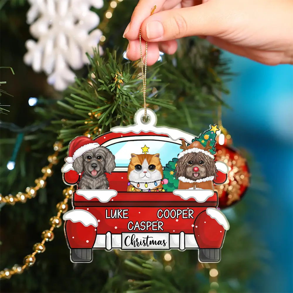 Chirstmas Dog Cat With Red Truck - Personalized Cutout Acrylic Ornament - Image 4