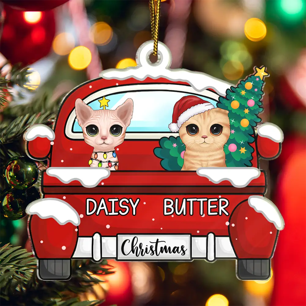 Chirstmas Dog Cat With Red Truck - Personalized Cutout Acrylic Ornament - Image 5