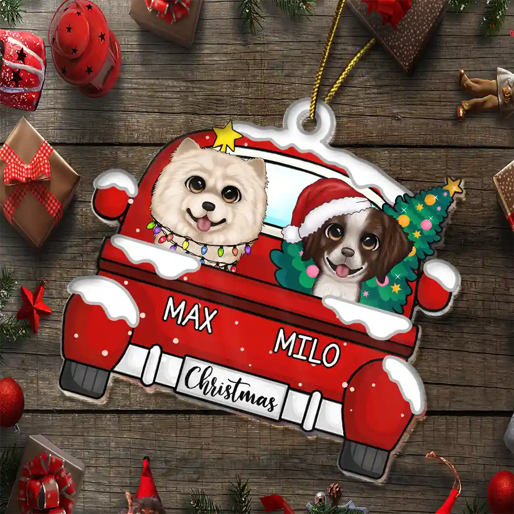 Chirstmas Dog Cat With Red Truck - Personalized Cutout Acrylic Ornament - Image 6