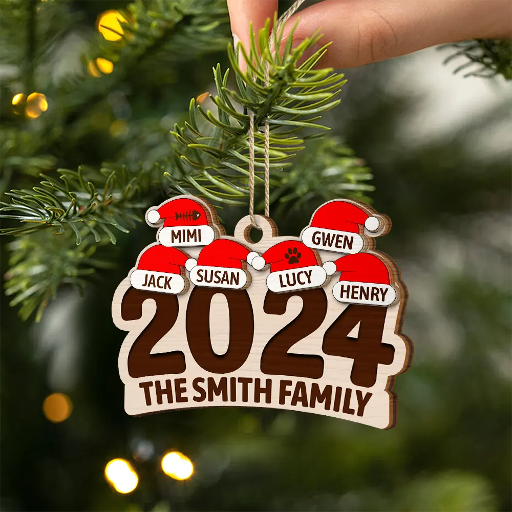 Chrismas Family Name Santa Hat 2024 - Personalized 2-Layered Wooden Ornament - Image 2