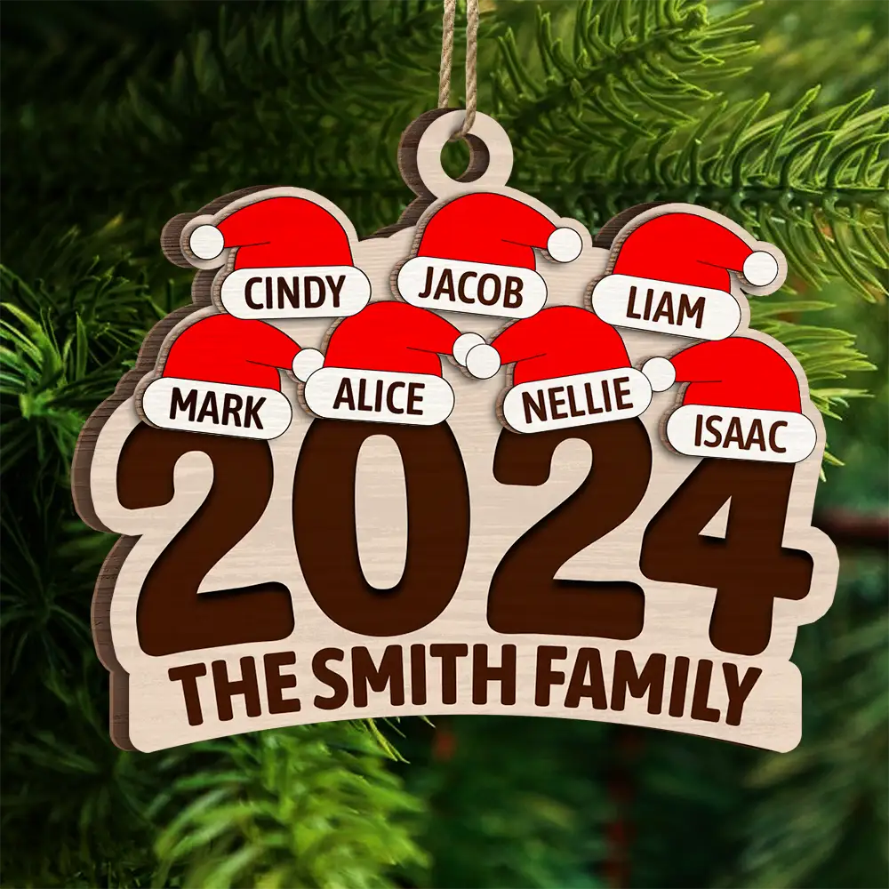 Chrismas Family Name Santa Hat 2024 - Personalized 2-Layered Wooden Ornament - Image 4