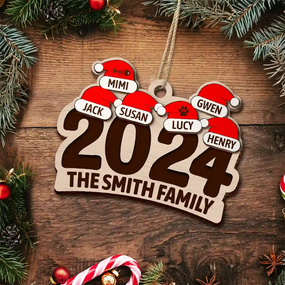 Chrismas Family Name Santa Hat 2024 - Personalized 2-Layered Wooden Ornament - Image 5