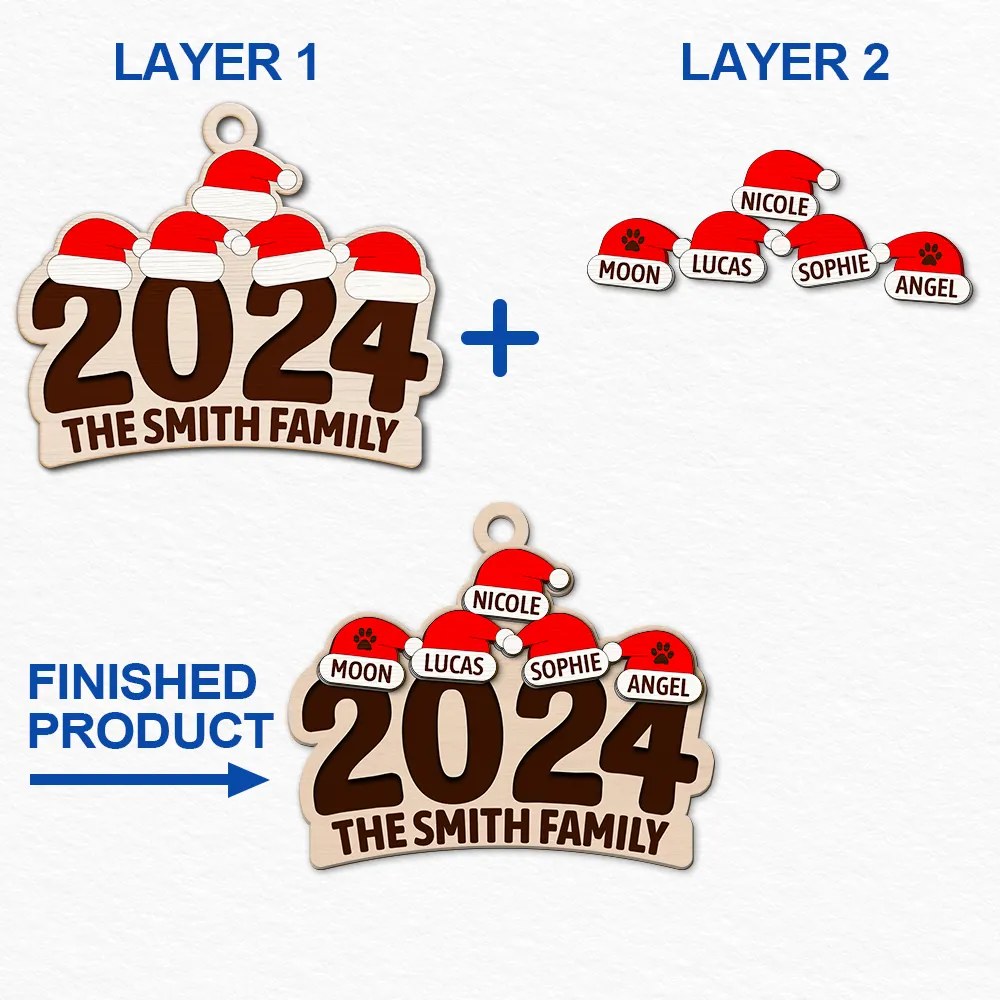 Chrismas Family Name Santa Hat 2024 - Personalized 2-Layered Wooden Ornament - Image 6