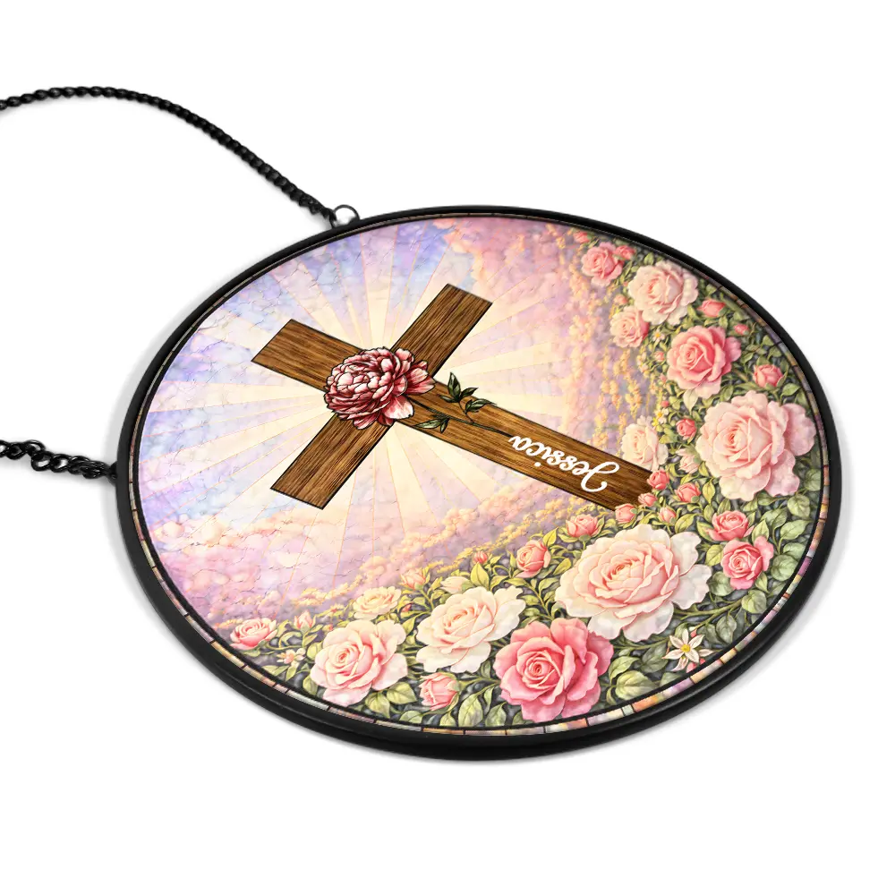 Christian Cross And Wildflowers - Personalized Stained Glass Window Hanging Suncatcher - Image 2