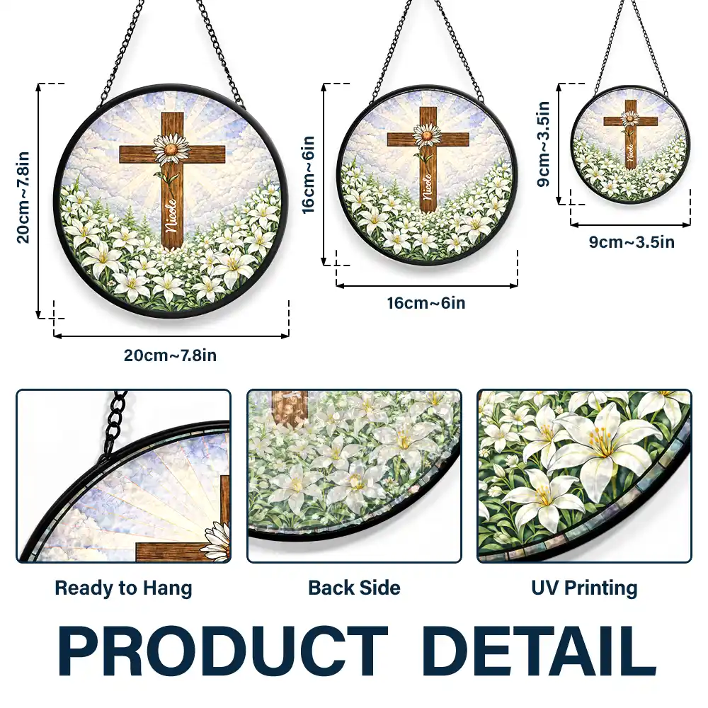 Christian Cross And Wildflowers - Personalized Stained Glass Window Hanging Suncatcher - Image 3