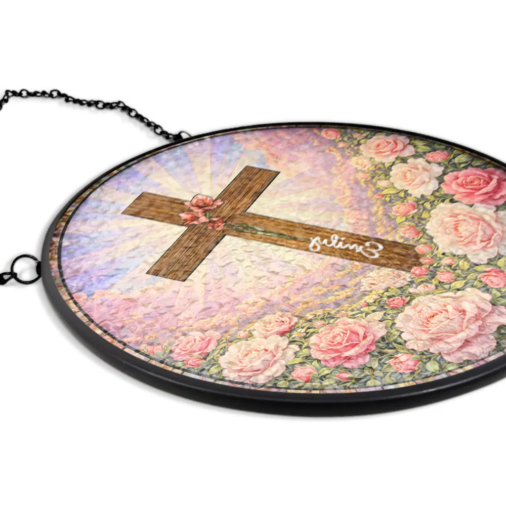 Christian Cross And Wildflowers - Personalized Stained Glass Window Hanging Suncatcher - Image 5