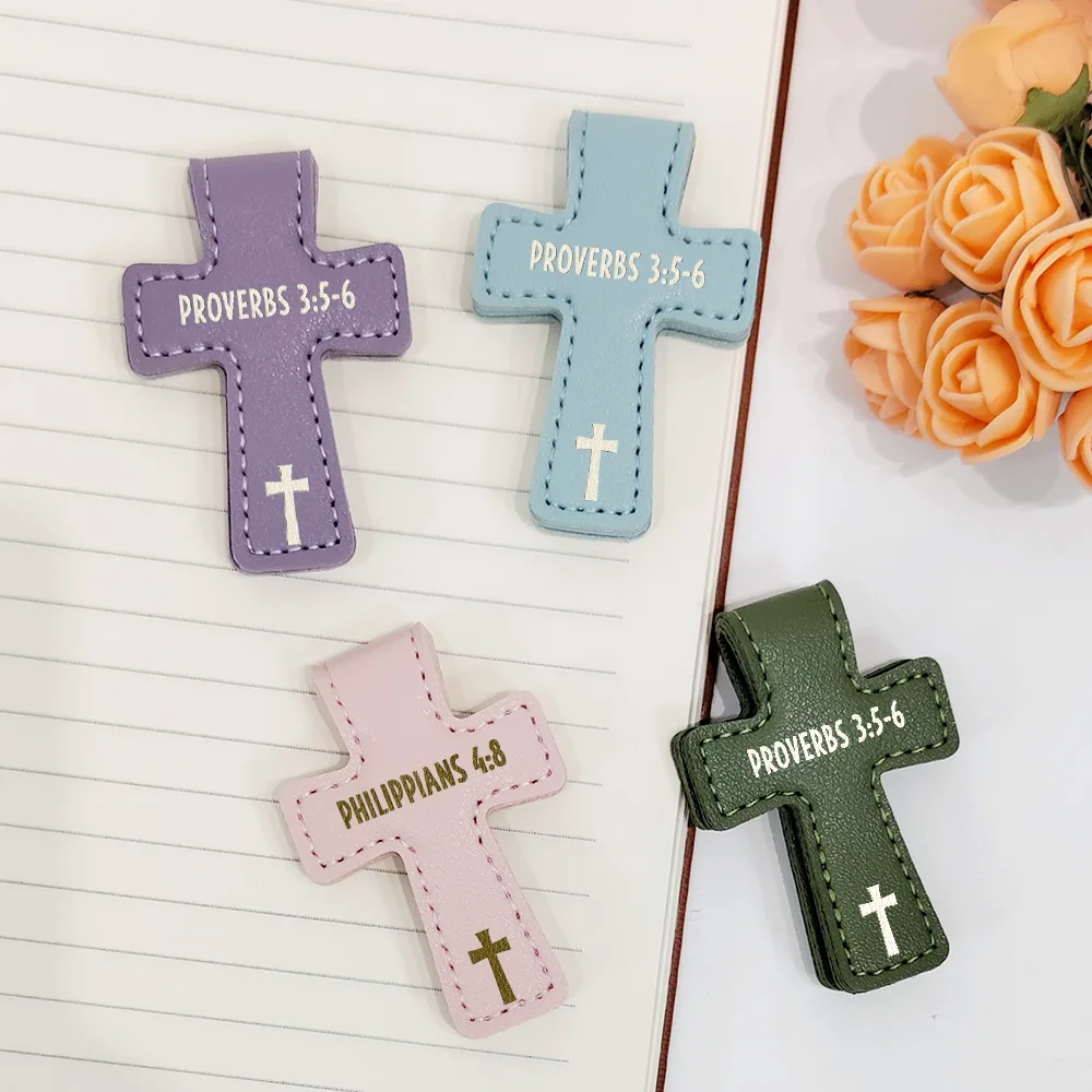 Christian Symbol With Name Bible Verse Reference - Personalized Cross Leather Magnetic Bookmark - Image 2
