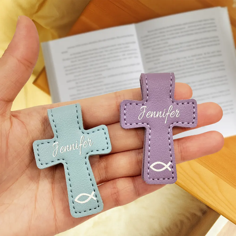 Christian Symbol With Name Bible Verse Reference - Personalized Cross Leather Magnetic Bookmark - Image 3