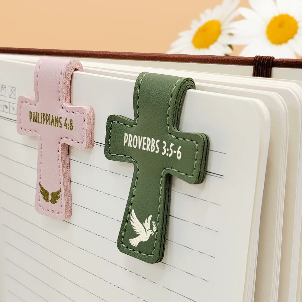 Christian Symbol With Name Bible Verse Reference - Personalized Cross Leather Magnetic Bookmark - Image 4