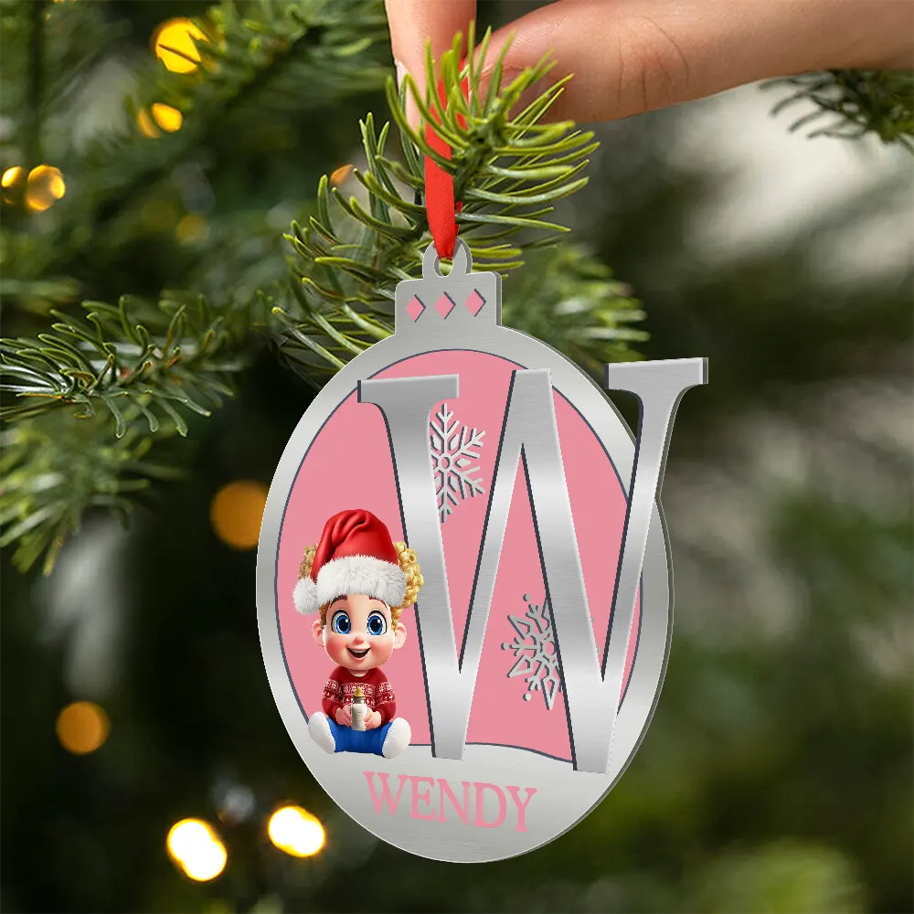 Christmas Ball Monogram Kid 3D Effect - Personalized Metal Ornament - Image 2