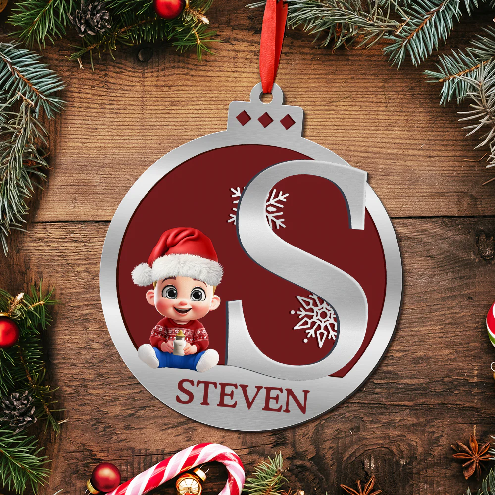 Christmas Ball Monogram Kid 3D Effect - Personalized Metal Ornament - Image 5