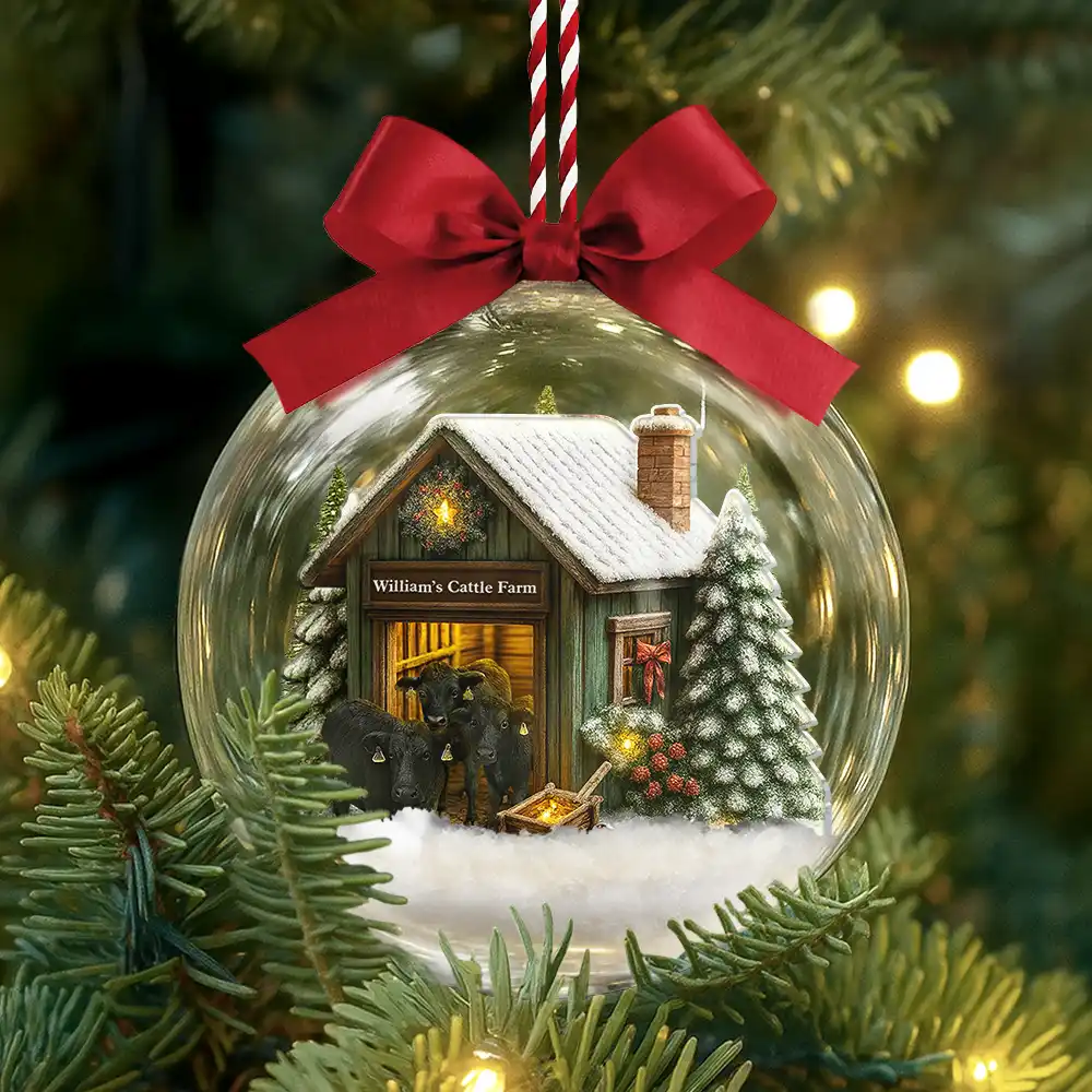 Christmas Barn Cattle Farm - Personalized 3D Acrylic Ball Ornament - Image 3