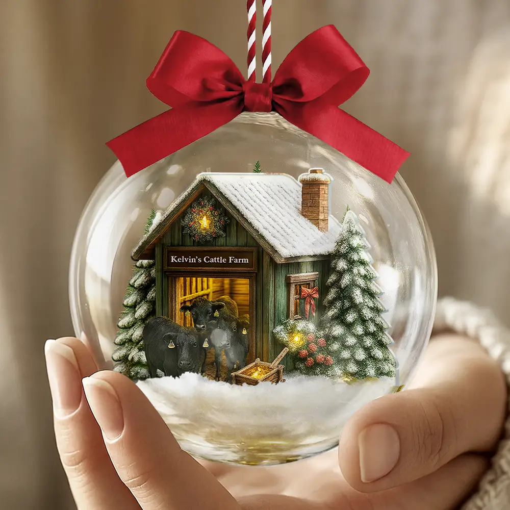 Christmas Barn Cattle Farm - Personalized 3D Acrylic Ball Ornament - Image 4
