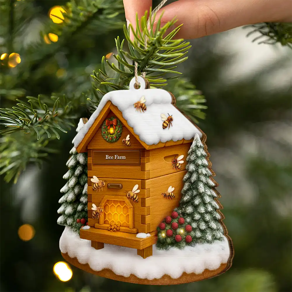 Christmas Bee Farm - Personalized Custom Shaped Wooden Ornament - Image 2