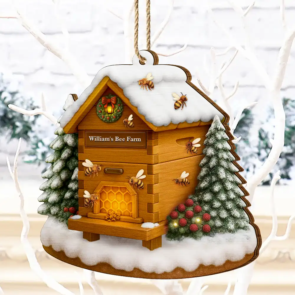 Christmas Bee Farm - Personalized Custom Shaped Wooden Ornament - Image 4