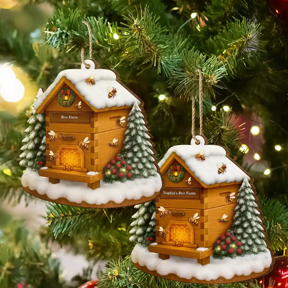 Christmas Bee Farm - Personalized Custom Shaped Wooden Ornament - Image 6